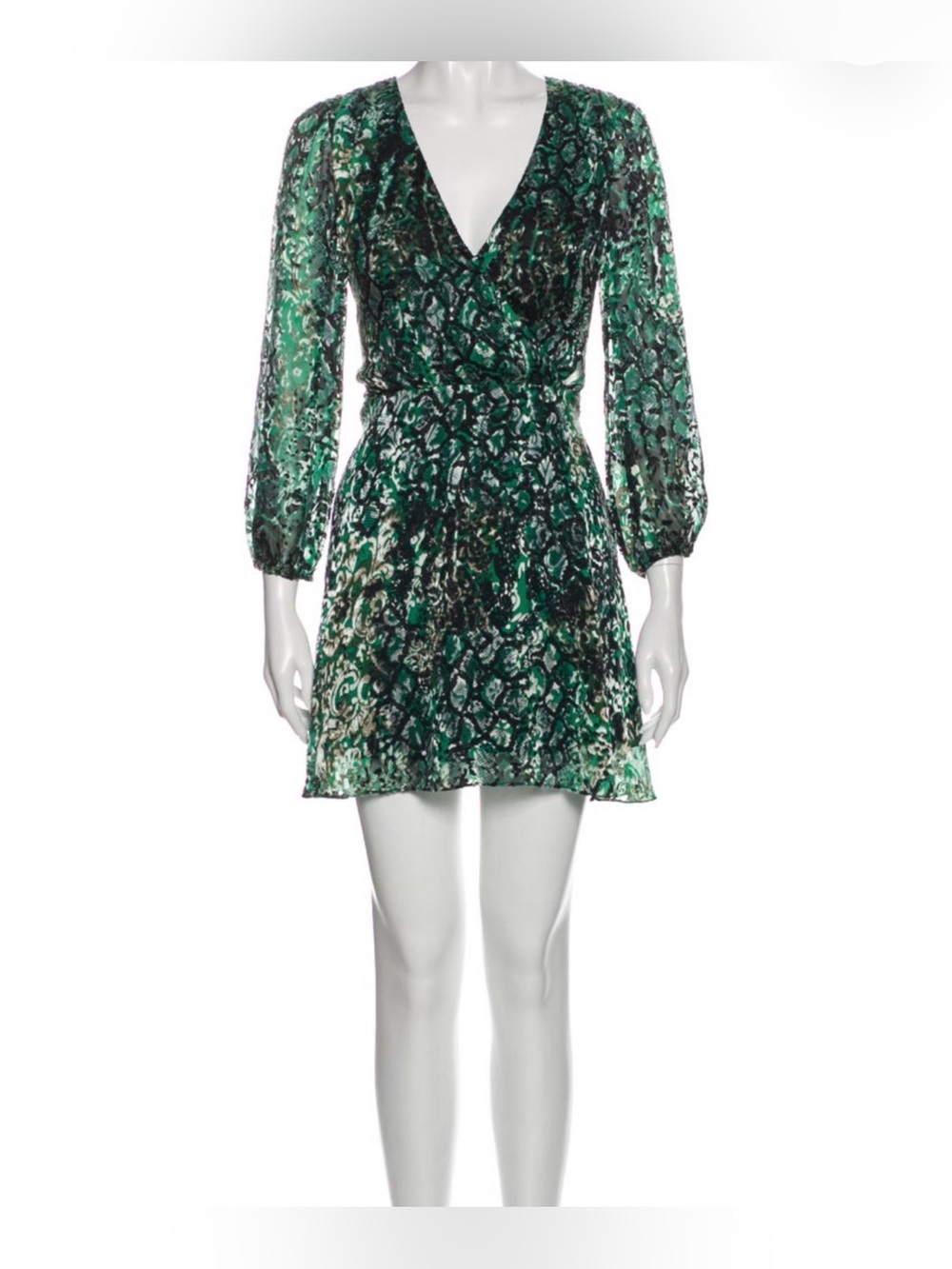 Alice + Olivia Green Printed V-Neck Long-Sleeve Mini Dress
